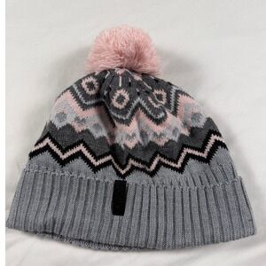 Swix Merino Wool Fair Isle Pom Beanie Grey Pink Knit Ski Hat Made in Canada